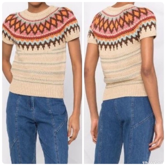 POLO Ralph Lauren Jacquard Knit Cap Sleeve Neutral Fair Isle Style Sweater XL - Picture 1 of 13